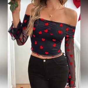 Shein Off shoulder heart mesh long sleeve Top